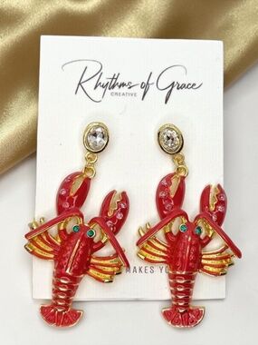 Crawfish Earrings Red Enamel Louisiana Cajun Mardi Gras Rhinestone Dangle NWT
